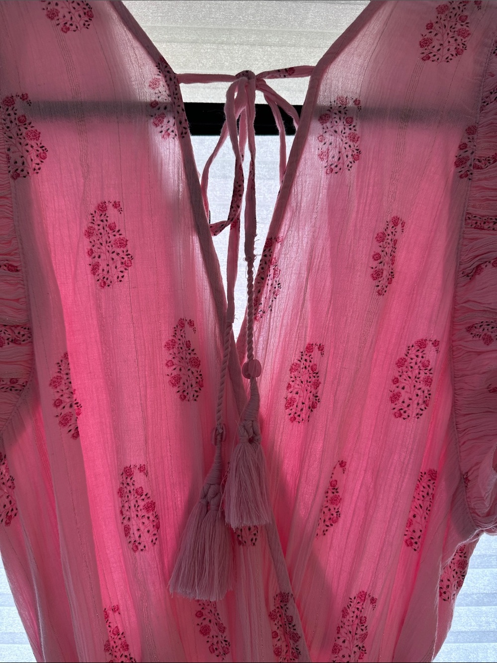 Pink Printed Maxi Dress with Ruffle Sleeves and Waist Tie - Picture 3 of 7